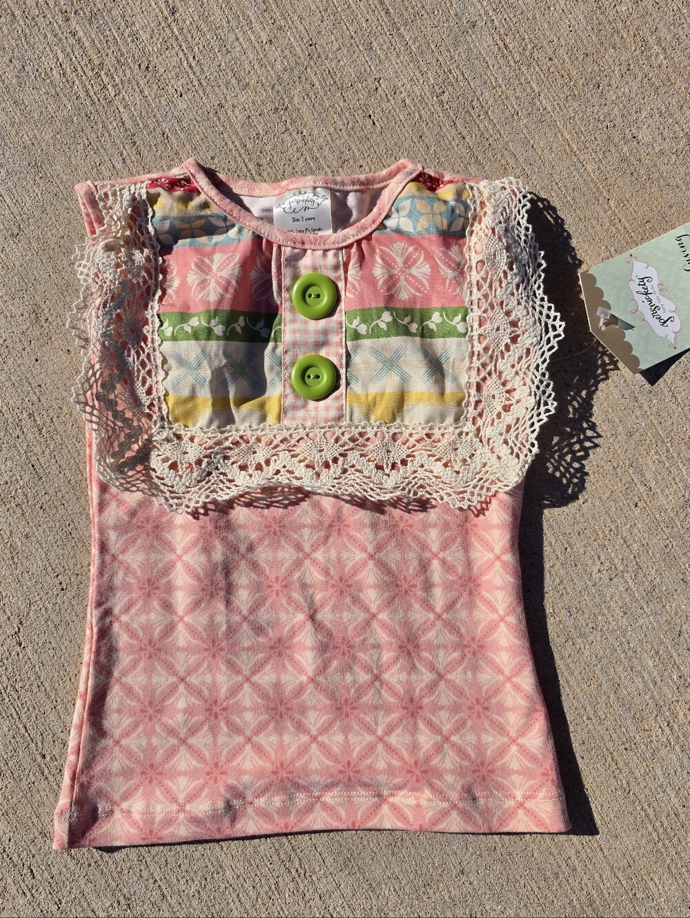 Persnickety Pink Lace-Trim Patterned Short Sleeve Tee with Green Buttons